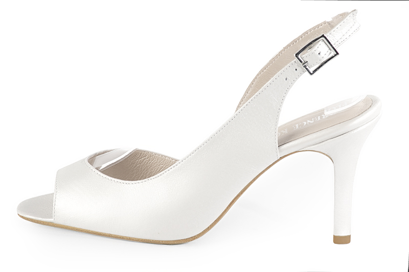 Pure white women's slingback sandals. Round toe. High slim heel. Profile view - Florence KOOIJMAN